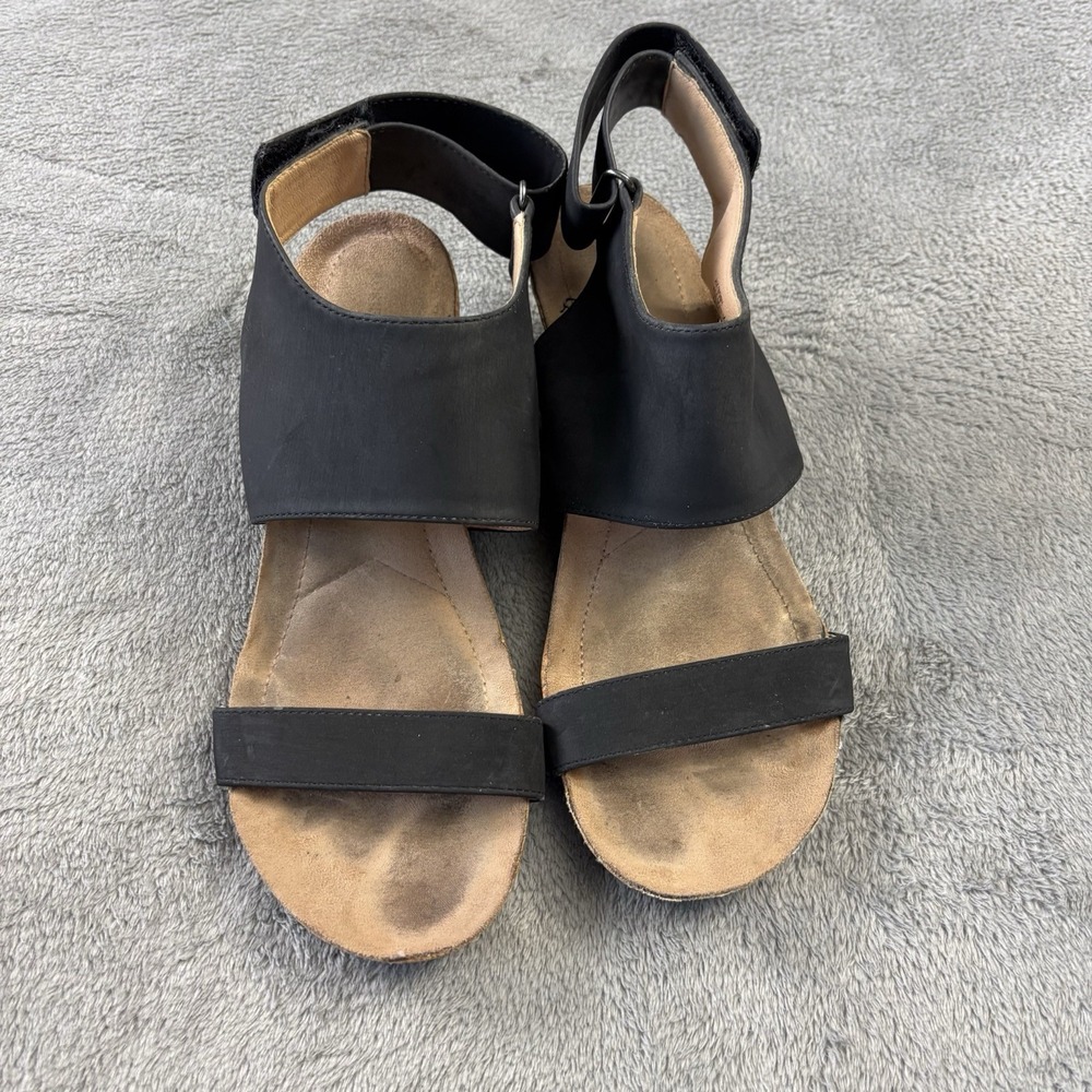 Adrienne Vittadini Sandals Size 8.5M Black Toby Wedge Ankle Strap Open Toe